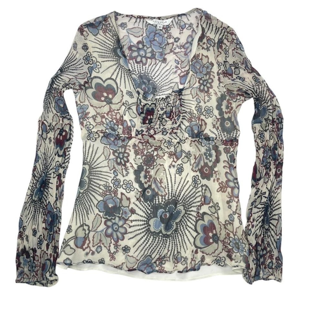 VTG Sheer Floral‎ Long Sleeved Top XS Y2K 100% Silk USA Made Boho Retro 80/90s